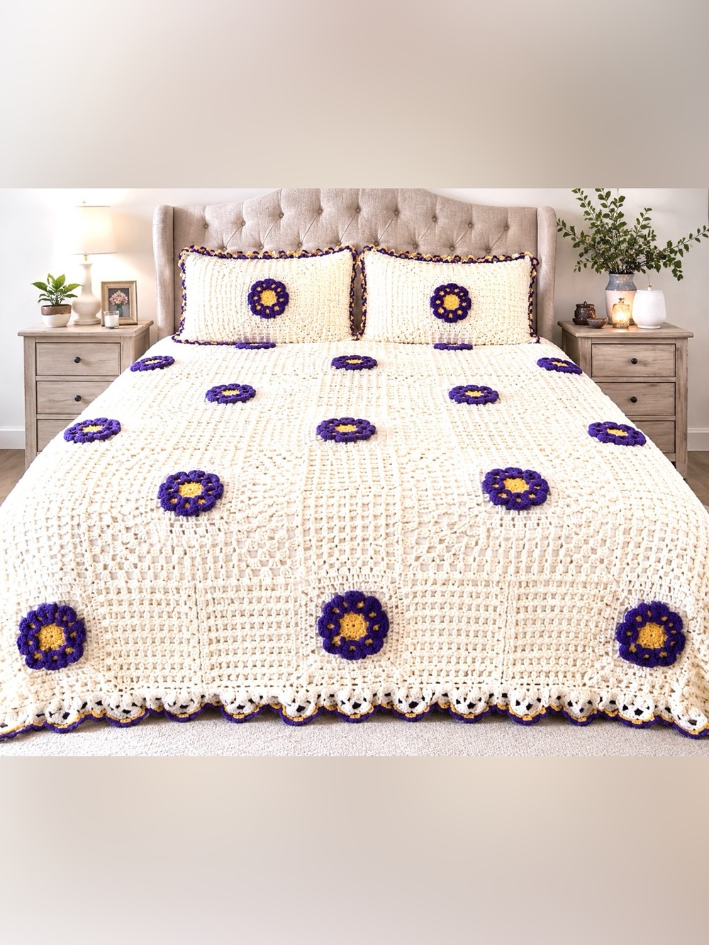 Hand Crocheted King Bedspread Blanket Set w/ 2 Matching Shams Vintage Floral